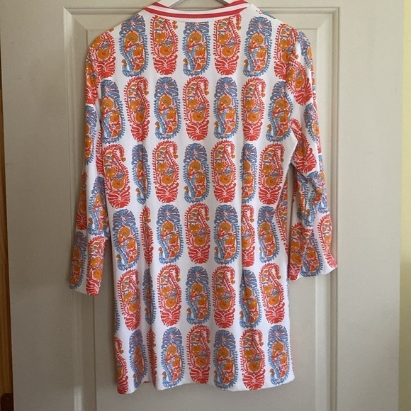 J. McLaughlin Catalina cloth Tunic Orange Blue white Print 3/4 Sleeve size LARGE - Picture 4 of 9